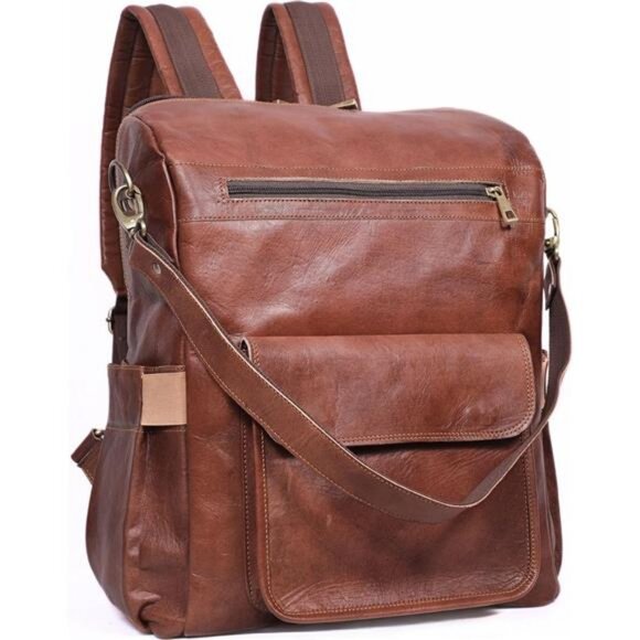 Genuine Leather Laptop Backpack for Women Designer Brown Leather Backpack Purse - Picture 1 of 7